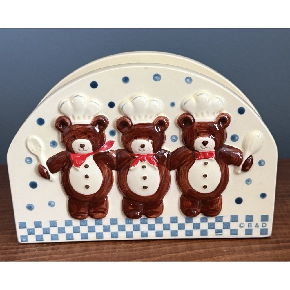 Vintage Teddy Bear Chef Napkin Holder Ceramic Blue Check Polka Dot Hand‎ painted
